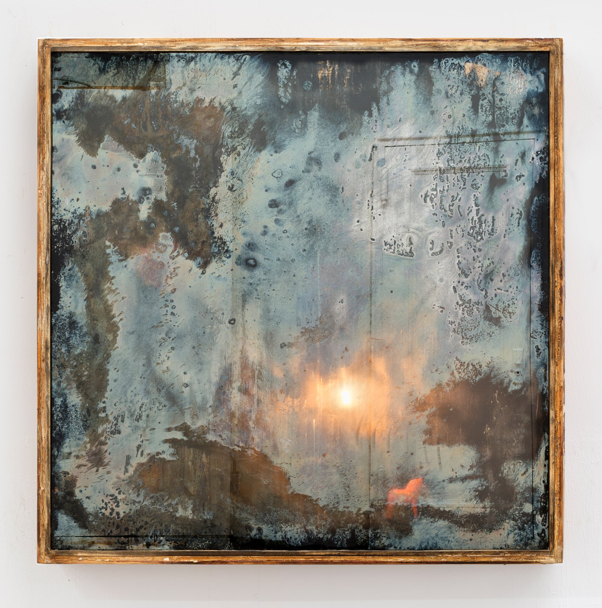 Mónica Mays, <i>Vanity</i>, 2026. Silver nitrate mirrors, reclaimed wood, found objects, laser print, light bulb, 50 x 50 x 4 1/2 in (127 x 127 x 11.5 cm)